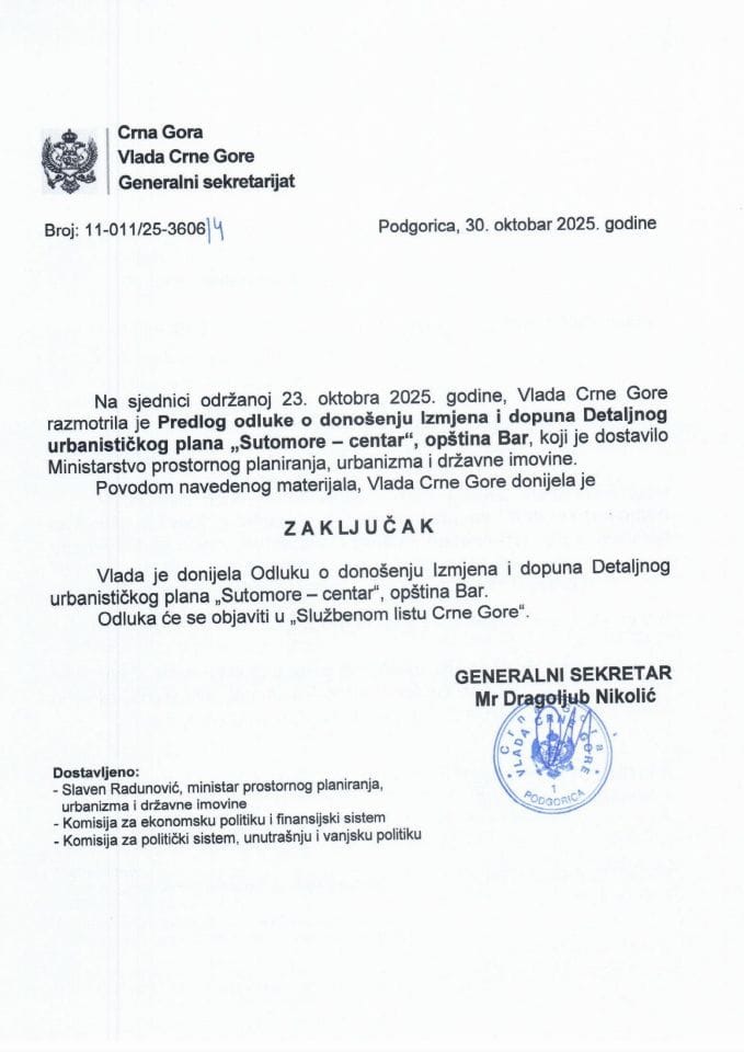 Предлог одлуке о доношењу Измјена и допуна Детаљног урбанистичког плана „Сутоморе – центар“, Општина Бар - Закључци