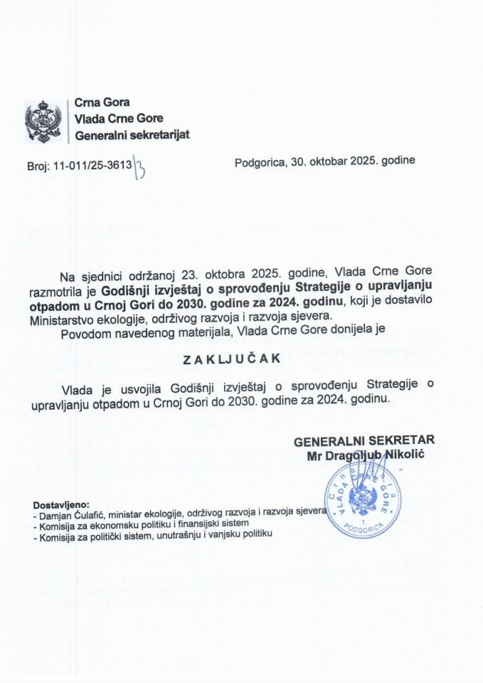 Годишњи извјештај о спровођењу Стратегије о управљању отпадом у Црној Гори до 2030. године за 2024. годину - Закључци
