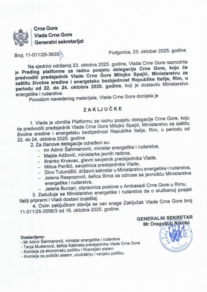 Предлог платформе за радну посјету делегације Црне Горе, коју ће предводити предсједник Владе Милојко Спајић, Министарству за заштиту животне средине и енергетску безбједност Републике Италије, Рим, у периоду од 22. до 24. октобра 2025. године - Закључци