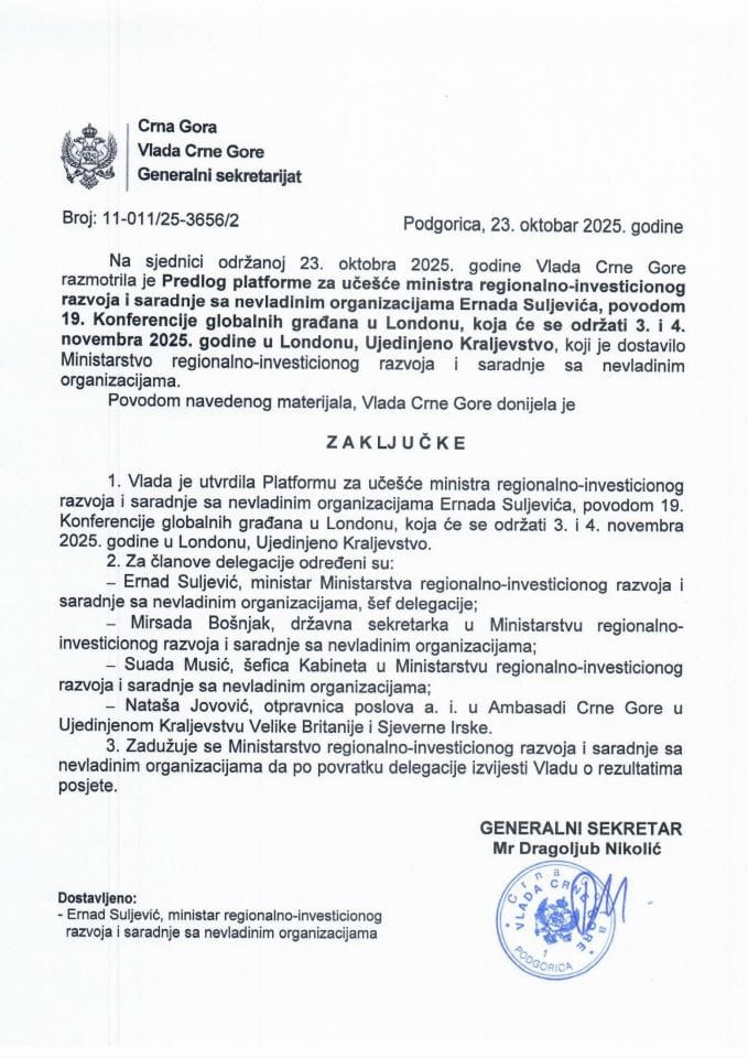 Предлог платформе за учешће министра регионално-инвестиционог развоја и сарадње са невладиним организацијама Ернада Суљевића, поводом 19. Конференције глобалних грађана у Лондону, која ће се одржати 3. и 4. новембра 2025. године - Закључци
