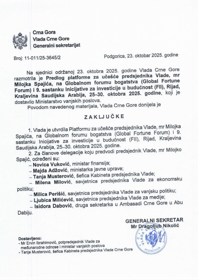 Предлог платформе за учешће предсједника Владе мр Милојка Спајића на Глобалном форуму богатства и 9. састанку Иницијативе за инвестиције у будућност, Ријад, Краљевина Саудијска Арабија, 25-30. октобар 2025. године - Закључци