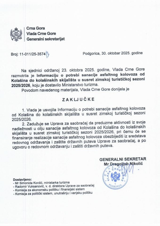 Информација о потреби санације асфалтног коловоза од Колашина до колашинских скијалишта у сусрет зимској туристичкој сезони 2025/2026 - Закључци