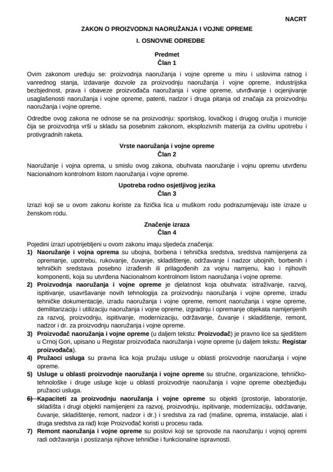 Nacrt Zakona o proizvodnji naoružanja i vojne opreme