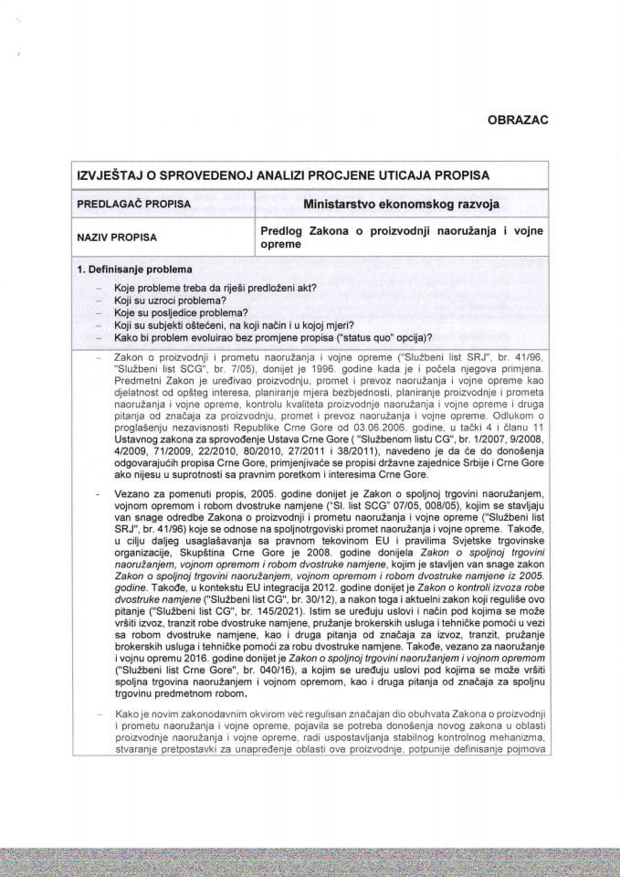 RIA Obrazac - Zakon o proizvodnji naoružanja i vojne opreme