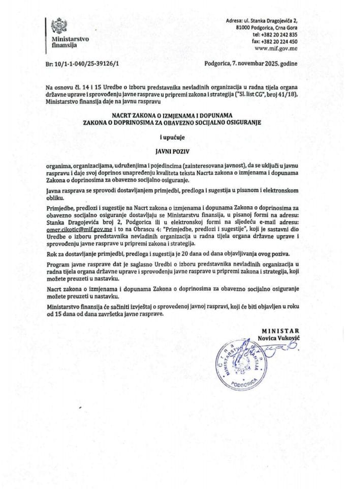 Javni poziv zainteresovanoj javnosti da se uključi u javnu raspravu za Nacrt zakona o izmjenama i dopunama Zakona o doprinosima za obavezno socijalno osiguranje