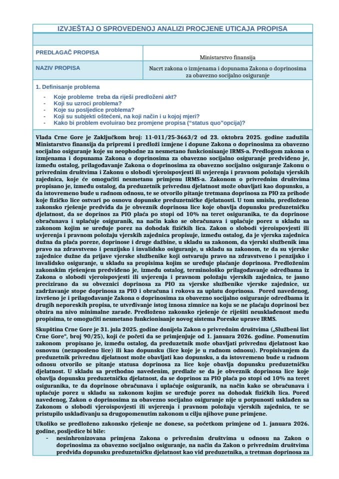 Izvještaj o sprovedenoj analizi procjene uticaja propisa (RIA)