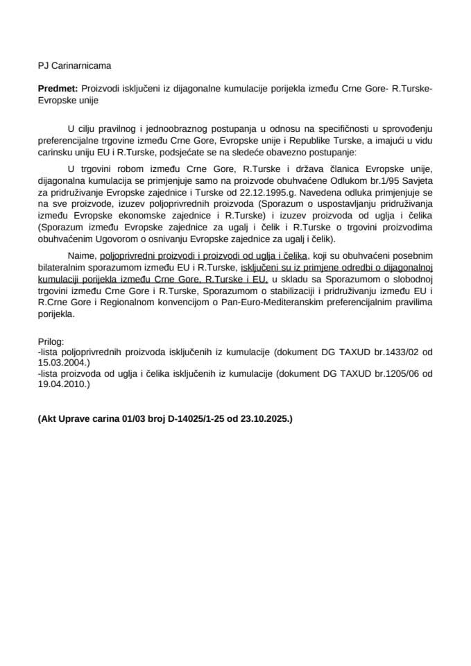 11a  Proizvodi isključeni iz dijagonalne kumulacije porijekla između CG-TR-EU