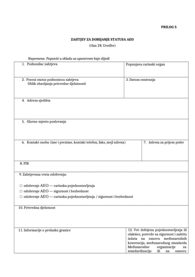 PRILOG 1 Zahtjev za dobijanje odobrenja