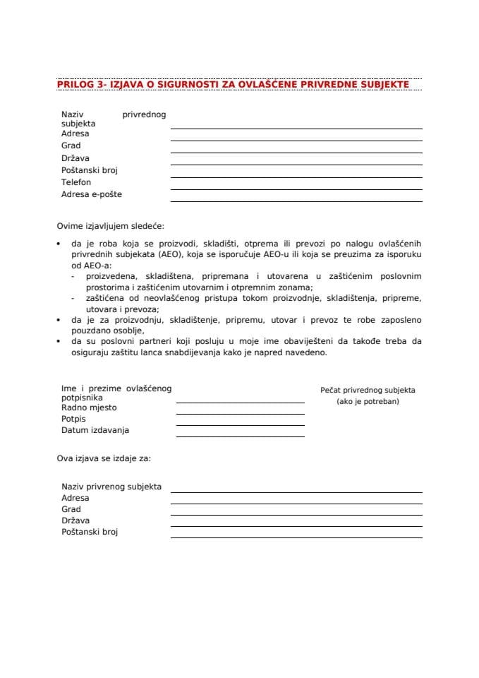 PRILOG 3 Izjava o sigurnosti