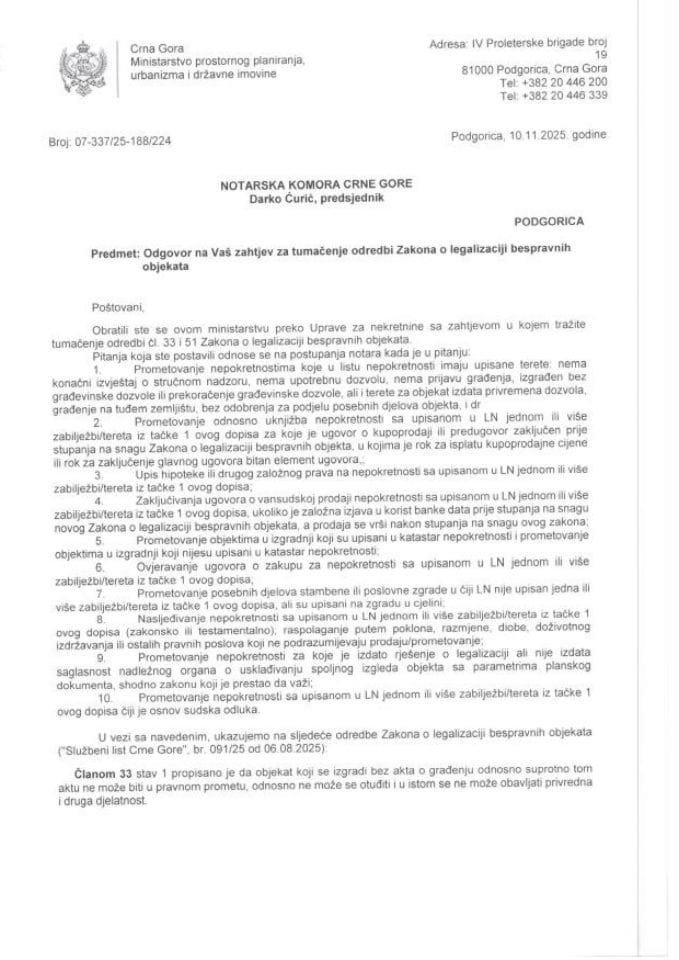 Legalizacija - 07-337-25-188-224 odgovor Notarskoj komori Crne Gore
