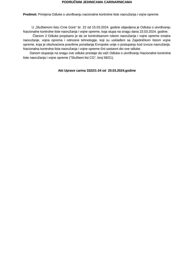 Primjena Odluke o utvrđivanju nacionalne kontrolne liste naoružanja i vojne opreme