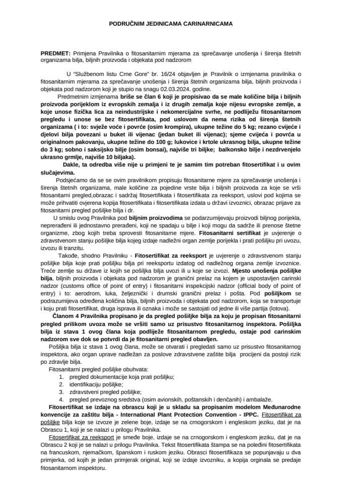 Primjena Pravilnika o fitosanitarnim mjerama za sprečavanje unošenja i širenja štetnih organizama bilja, biljnih proizvoda i objekata pod nadzo