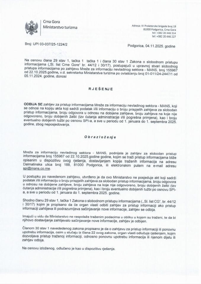 Rješenje - Slobodan pristup informacijama - UPI 03-037-25-1224-2 Mreža za afirmaciju nevladinog sektora - MANS