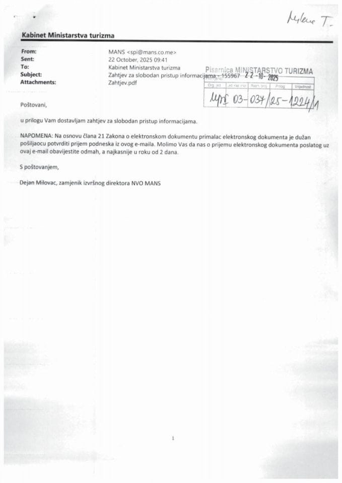 Zahtjev - Slobodan pristup informacijama - UPI 03-037-25-1224-1 - Mreža za afirmaciju nevladinog sektora - MANS