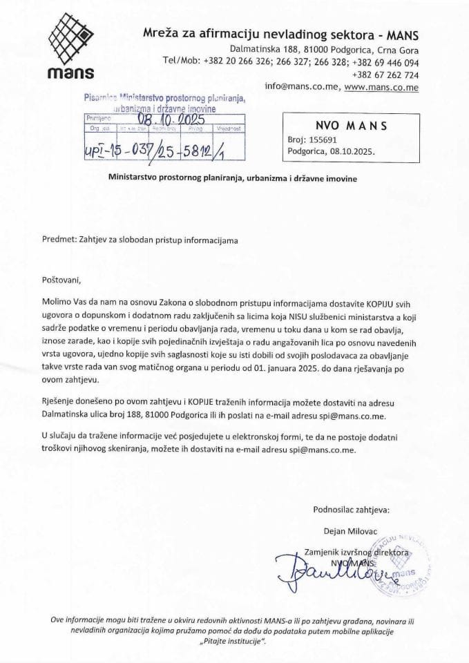 Zahtjevi - Slobodan pristup informacijama - UPI-15-037-25-5812-1 Mans Zahtjev
