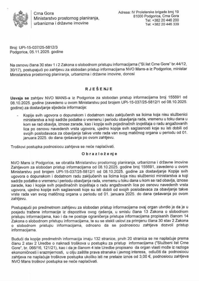 Rješenja - Slobodan pristup informacijama - UPI-15-037-25-5812-3 Mans Rješenje