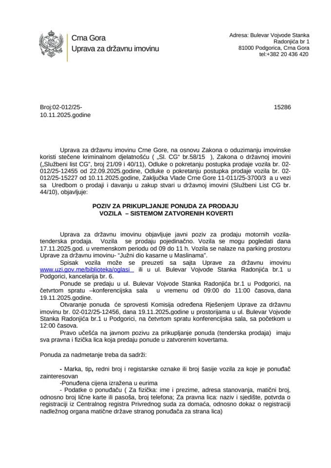 Poziv za prikupljanje ponuda za prodaju vozila - sistemom zatvorenih koverti