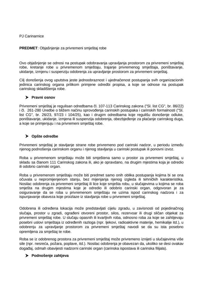 Objašnjenje za privremeni smještaj robe