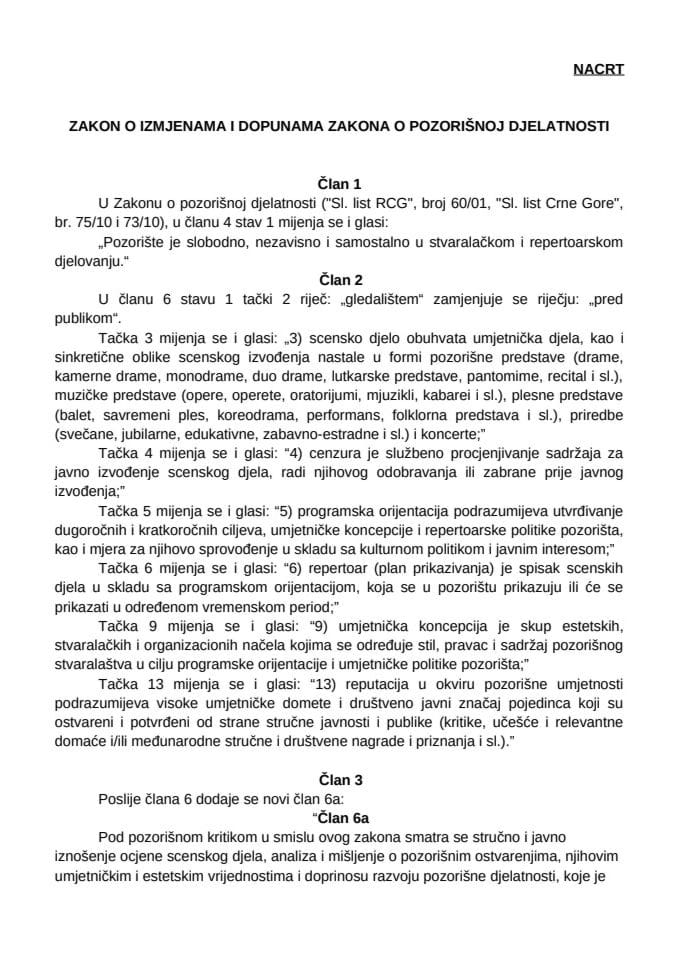 Нацрт закона о измјенама и допунама Закона о позоришној дјелатности - Јавна расправа