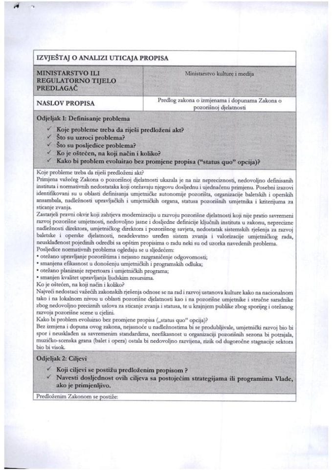 РИА Образац - Нацрт закона о измјенама и допунама Закона о позоришној дјелатности