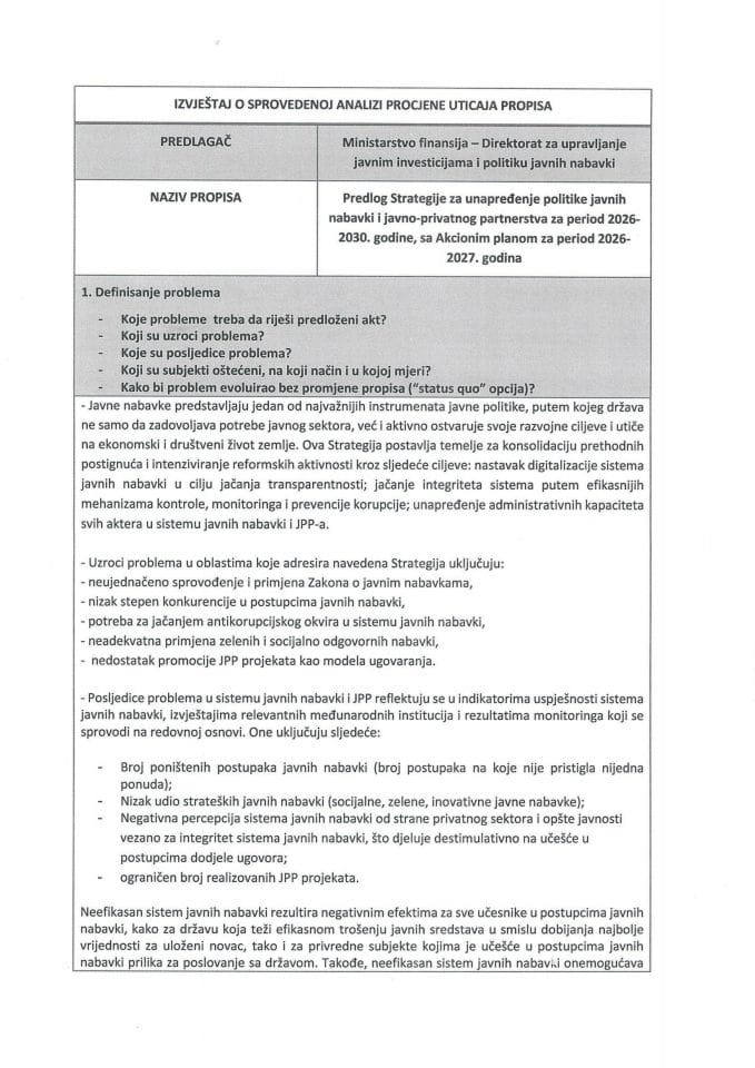 Izvještaj o sprovedenoj analizi procjene uticaja propisa RIA
