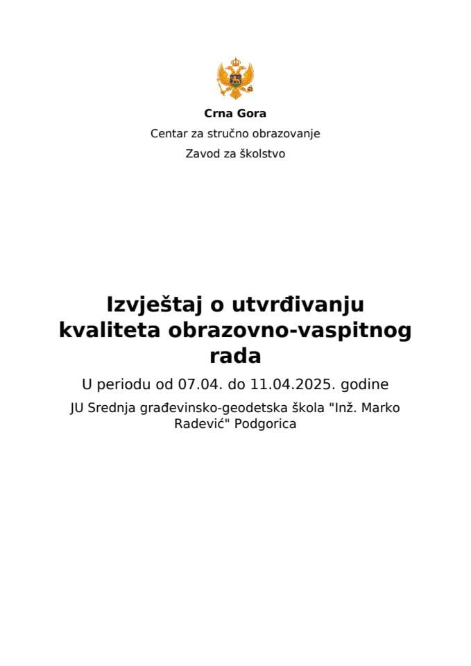 Извјестај ЈУ Градјевинско-геодетска скола Марко Радевиц ПГ