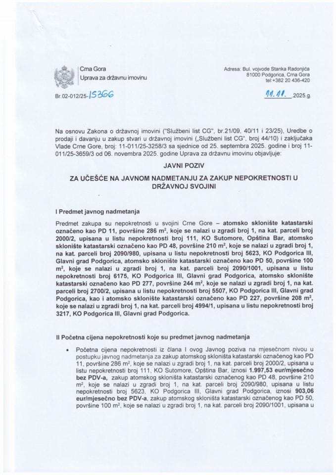 Javni poziv za učešće na javnom nadmetanju za zakup nepokretnosti u državnoj svojini