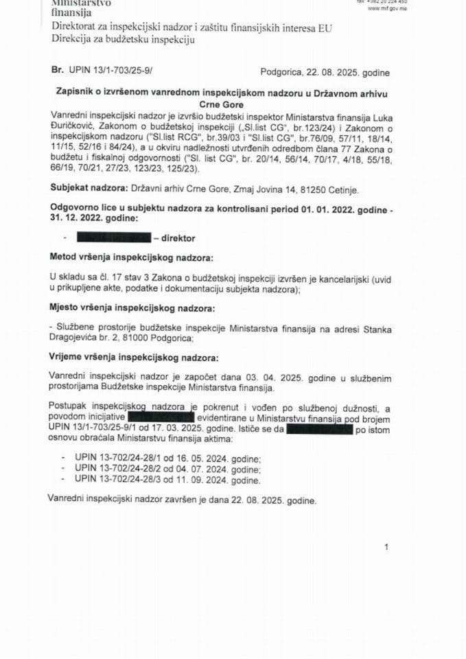 Zapisnik o izvršenom vanrednom inspekcijskom nadzoru u Državnom arhivu Crne Gore