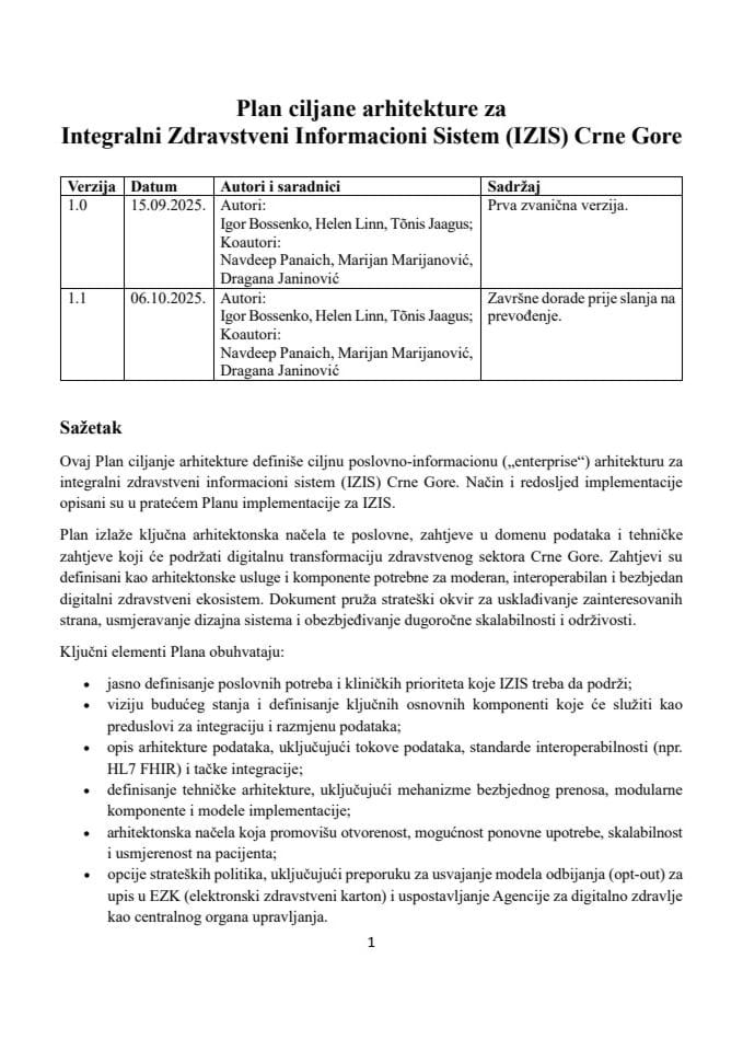Plan ciljane arhitekture za Integralni Zdravstveni Informacioni Sistem (IZIS) Crne Gore