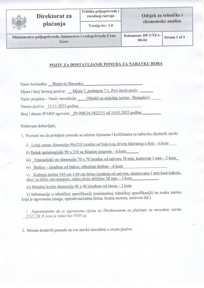 Poziv za dostavljanje roba - Slavenko