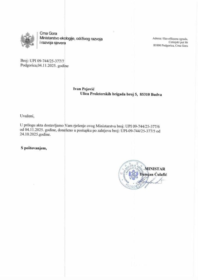 Рјешења - Слободан приступ информацијама - СПИ Рјешење Иван Пејовић УПИ-09-744-25-377-6