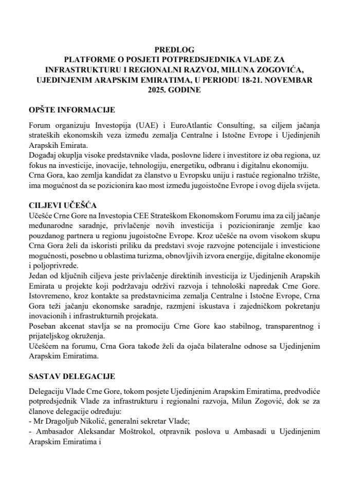 Predlog platforme o posjeti potpredsjednika Vlade za infrastrukturu i regionalni razvoj, Miluna Zogovića, Ujedinjenim Arapskim Emiratima, u periodu 18-21. novembar 2025. godine