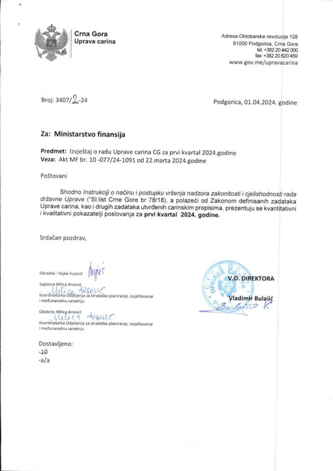 3407-2-24 za MF izvj. o radu UC CG za I kvartal 