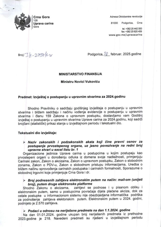 Izvještaj o postupanju UC u upravnim stvarima za 2024