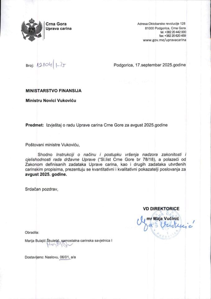 Izvještaj o radu UC za avgust 2025