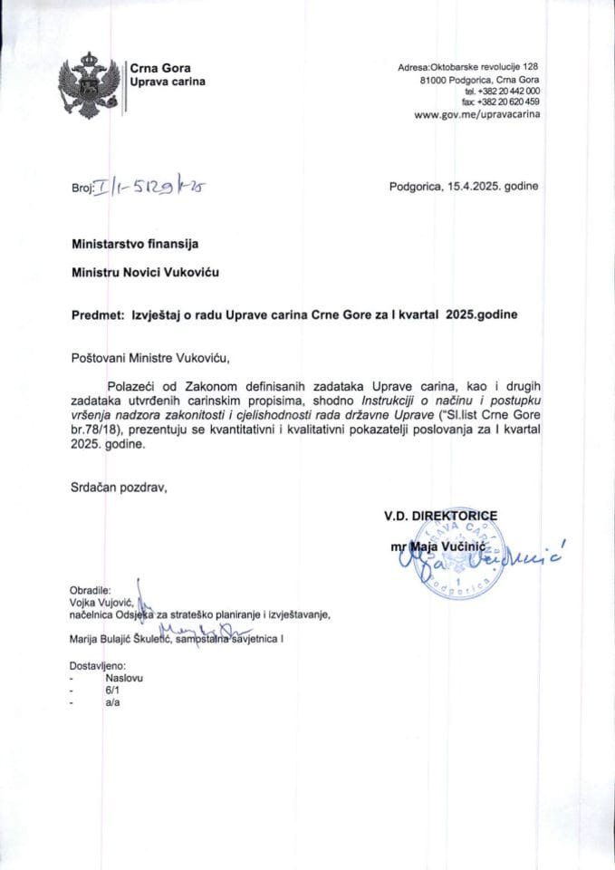 Izvještaj o radu UC za I kvartal 2025