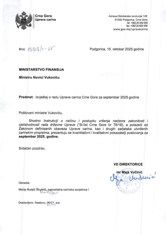 Izvještaj o radu UC za septembar 2025