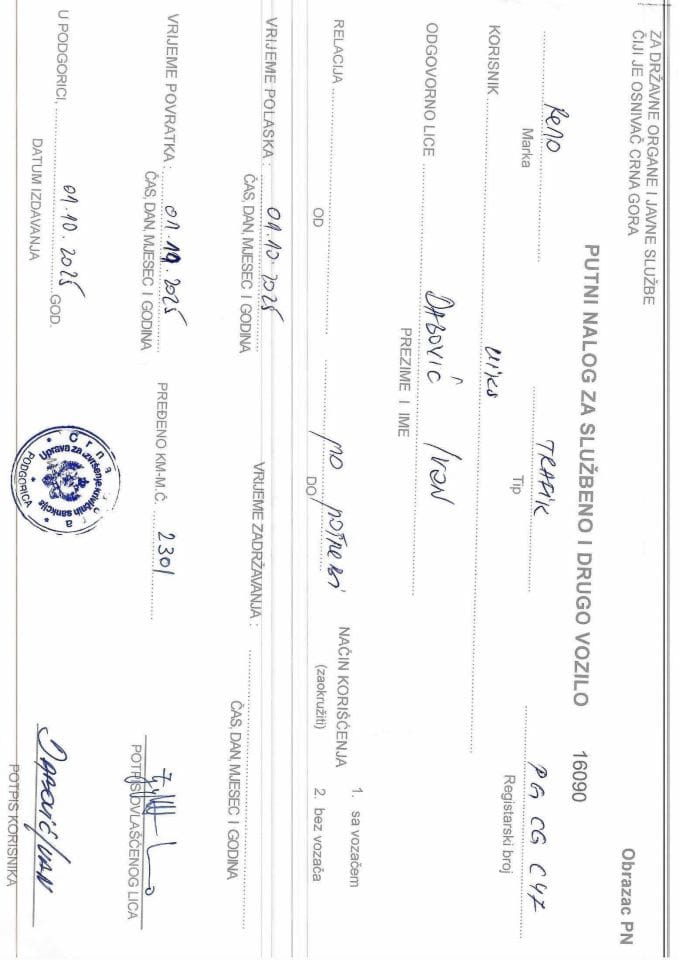 Putni nalozi, oktobar 2025. 1