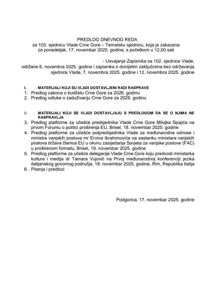Predlog dnevnog reda za 103. sjednicu Vlade Crne Gore