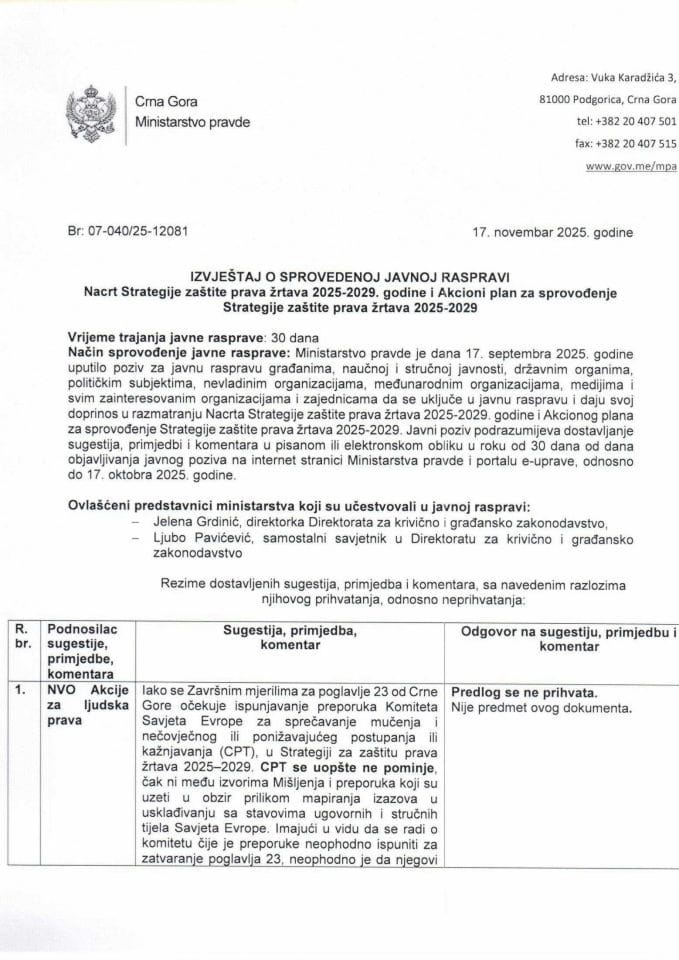 Извјештај о спроведеној јавној расправи о Нацрту Стратегије заштите права жртава 2025-2029. године