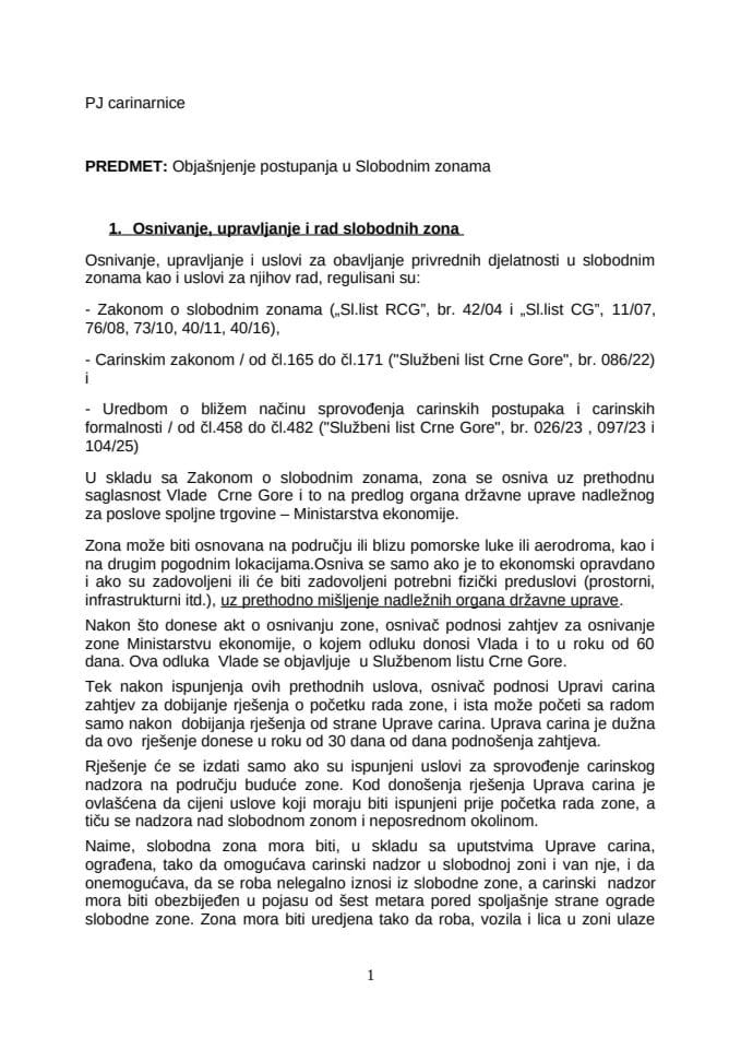 Objašnjenje postupanja u Slobodnim zonama