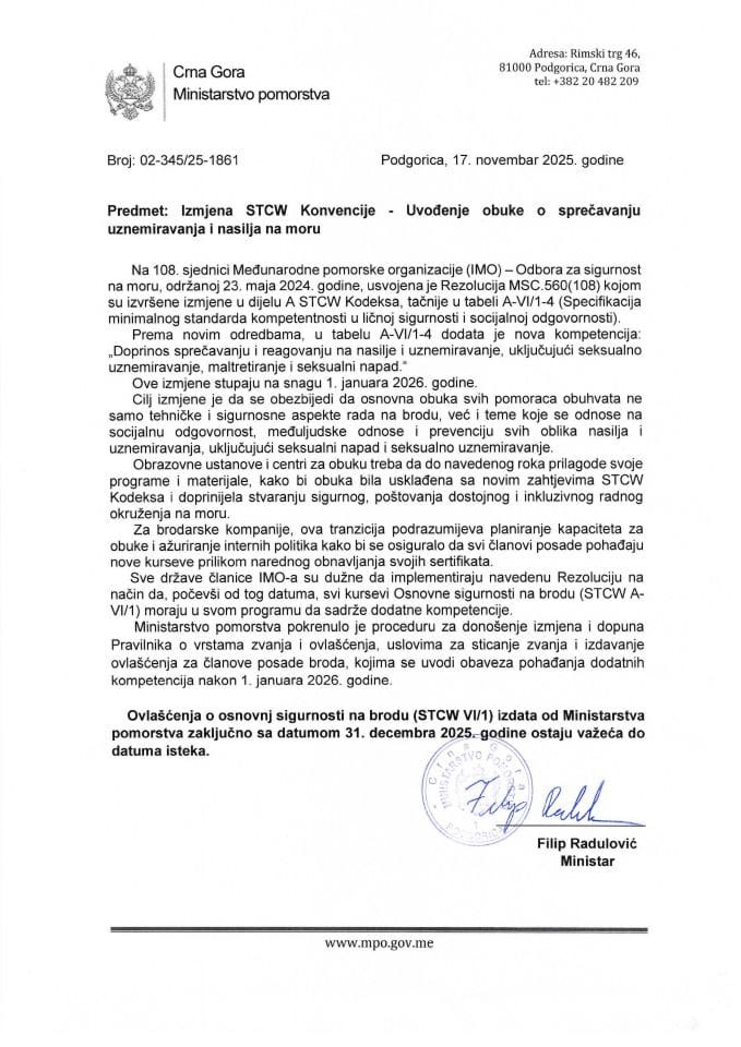 Измјена СТЦW Конвенције - Увођење обуке о спречавању узнемиравања и насиља на мору