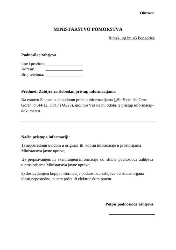 Obrazac za slobodan pristup informacijama