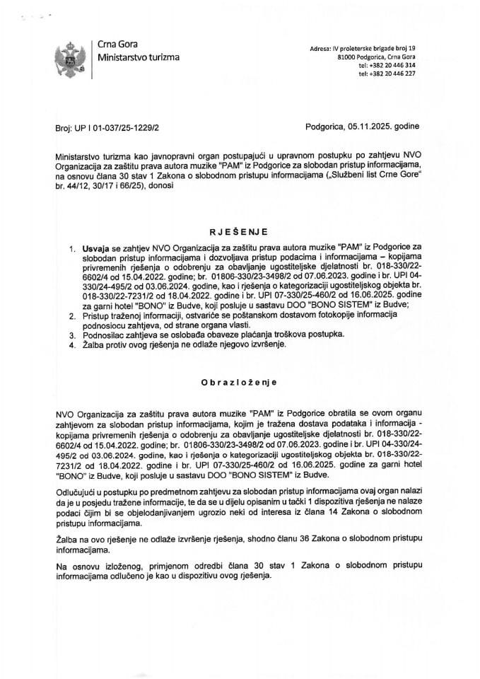 Rješenje - Slobodan pristup informacijama - UPI 01-037-25-1229-2 - NVO Organizacija za zaštitu prava autora muzike Crne Gore PAM CG
