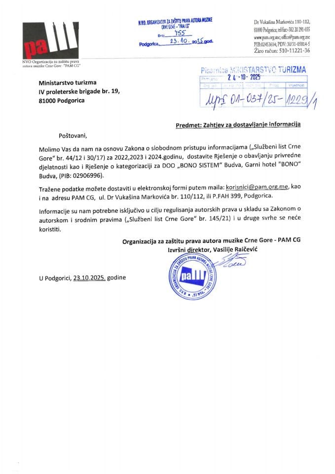 Zahtjev - Slobodan pristup informacijama - UPI 01-037-25-1229-1 - NVO Organizacija za zaštitu prava autora muzike Crne Gore PAM CG