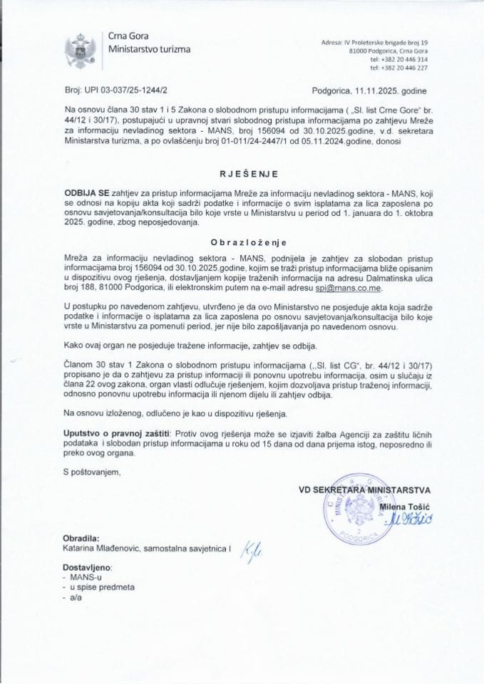 Rješenje - Slobodan pristup informacijama - UPI 121-037-25-1232-2 Mreža za afirmaciju nevladinog sektora - MANS