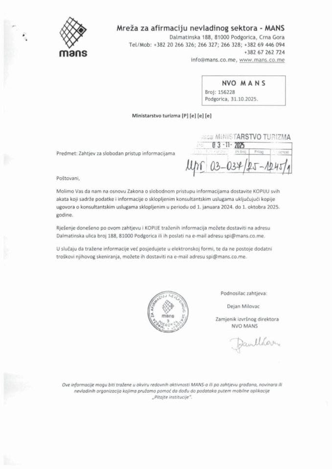 Informacije kojima je pristup odobren po osnovu zahtjeva br UPI 03-037-25-1245-1 - Mreža za afirmaciju nevladinog sektora - MANS od 03.11.2025. godine