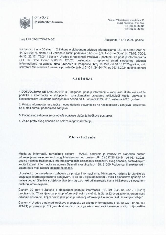 Rješenje - Slobodan pristup informacijama - UPI 121-037-25-1245-2 Mreža za afirmaciju nevladinog sektora - MANS
