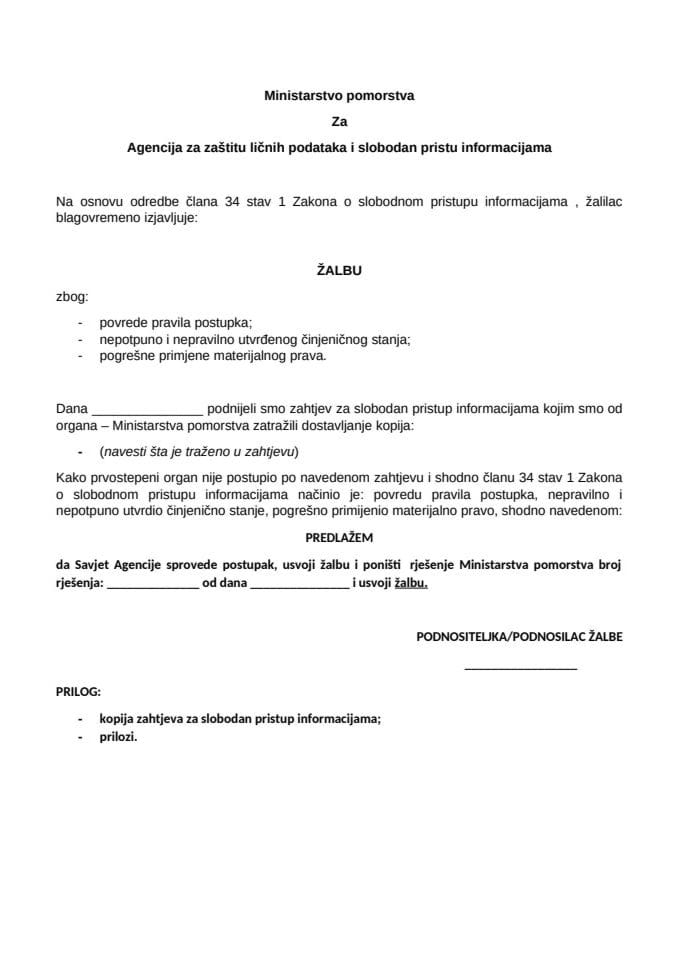 Obrazac žalbe zbog povrede materijalnog prava,pogrešno i nepotpuno utvršenog činjeničnog stanja i pogrešne primjene propisa