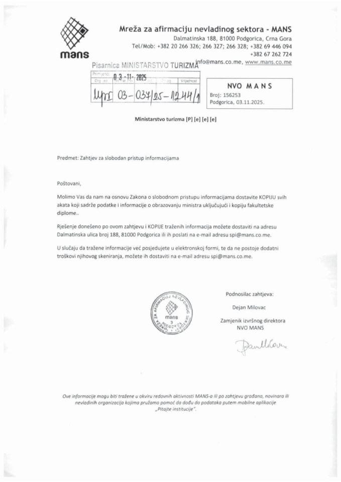 Zahtjev - Slobodan pristup informacijama - UPI 03-037-25-1244-1 - Mreža za afirmaciju nevladinog sektora - MANS
